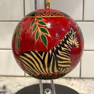 ZEBRA Ornament Hand Painted Globe India Red Black Tan Green & Tassel 3.75”